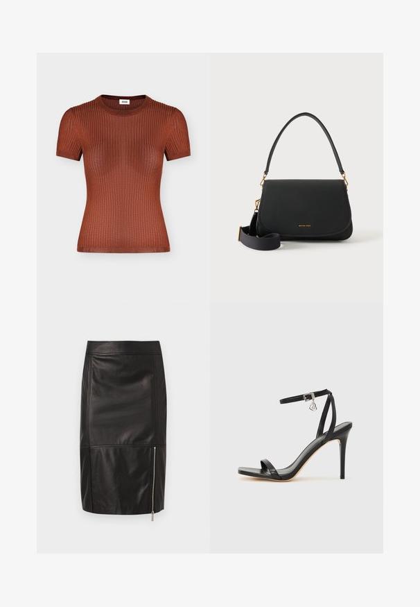 Haut en maille côtelée à manches courtes couleur rouille marron avec un col rond, une silhouette ajustée et des détails de texture subtils.; Jupe en cuir noire longueur genou avec des détails de coutures verticales et horizontales et une fermeture éclair argentée sur le côté inférieur droit.; Sandale à talon haut noire avec une bride étroite à la cheville, bout carré, cuir lisse et accent de boucle métallique.; Sac à épaule en cuir noir avec rabat incurvé, ferrures dorées, sangle bandoulière en tissu réglable et petit logo Michael Kors.