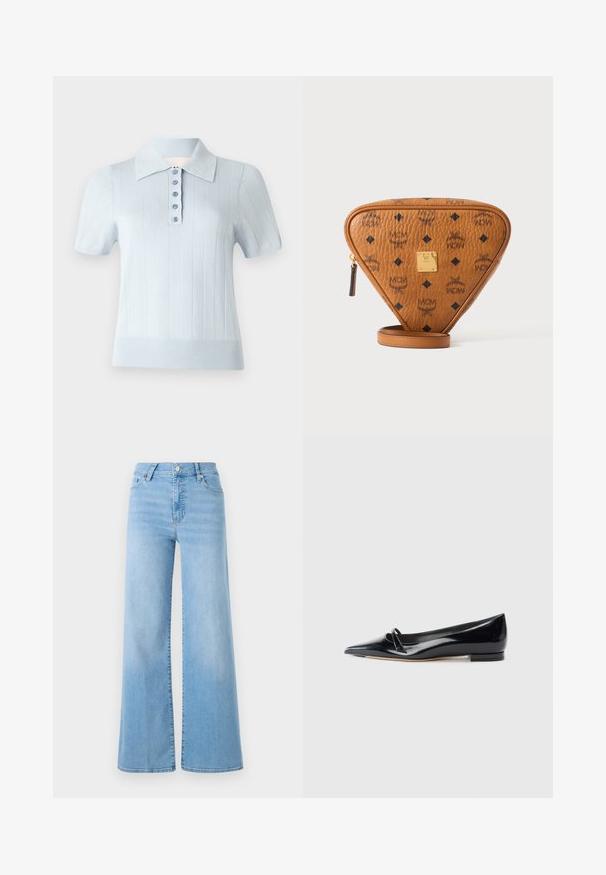 Hele helesinine lühikese varrukaga polo särk, millel on sooniktekstuur, lame krae ja eesmine plakeering, kus on kuus sobivat nööpi.; FRAME SLIM PALAZZO - Wide leg - blue; Must have musta musta tume patendiga naha korter king, millel on terav nina, väike dekoratiivne rihm ja madal plokknõel. Sile tekstuur ja elegantses disain.; Pruun kolmnurkne nahast ristiikkott mustade MCM logodega, kuldse metallbrändi plaadi ja tõmblukuga valgel taustal.