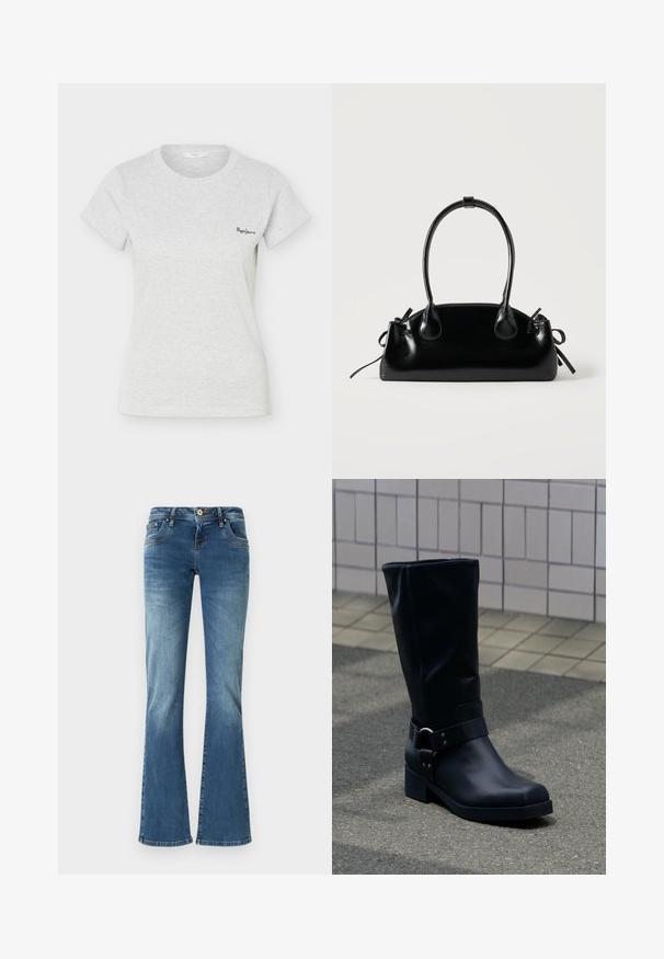 Lichtgrijs geribd T-shirt met korte mouwen, ronde hals en klein zwart "Pepe Jeans" logo op de linkerborst.; Flared denim jeans in medium blue met contrasterende stiksels, vijf zakken en een klassieke knop- en ritssluiting.; Zwarte leren kuitlaars met een lage blokhak en een decoratieve riem met metalen gesp rond de enkel, op een betegeld trottoir.; Kleine zwarte glanzende handtas met twee lange hengsels en zijkant trekkoord details op een effen lichte achtergrond.