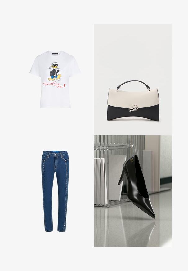 Hvid bomulds t-shirt med en farverig tegneserieillustration af en and i jakkesæt med solbriller, og rød tekst der står "Donald og Karl."; Mørkeblå denim jeans med lige pasform, der har kontrasterende syninger og dekorative nitter langs sidesømmene og forlommerne.; Sort højhælet sko med spids tå og guldlogo, placeret på en reflekterende overflade nær en krom trådfilholder med dokumenter.; Sort og hvid læderhåndtaske med buet form, topgreb og dekorativt sølvspænde på frontklappen.