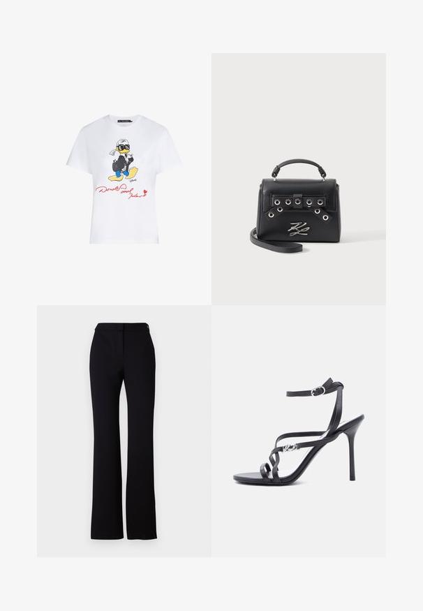 Hvid bomulds t-shirt med en farverig tegneserieillustration af en and i jakkesæt med solbriller, og rød tekst der står "Donald og Karl."; Sorte bukser med lige snit, glat tekstur og en talje med en enkelt knaplukning. Ingen synlige mønstre eller accenter.; Sort højhælet sandal med tynde stropper, ankelspænde og en metal-logo detalje på siden af stroppen, sat mod en hvid baggrund.; Sort læderhåndtaske med topstrop, metaløje detalje på stroppen, sølvmetallic logoemblem og aftagelig skulderrem på hvid baggrund.