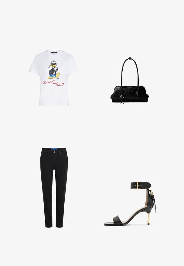 Hvid bomulds t-shirt med en farverig tegneserieillustration af en and i jakkesæt med solbriller, og rød tekst der står "Donald og Karl."; Sorte denimjeans med slim fit, fem lomme-design, lynlås og metalknaplukning. Har subtil syning og en mellemhøj talje.; Sort læder hæl sandal med firkantet tå, ankelrem med en guldbuckle og en slank metallisk hæl. Glat tekstur, minimalistisk design.; Sort skuldertaske i krokodillelæder med lange stropper og lille sølvlogo-charm på den ene strop.