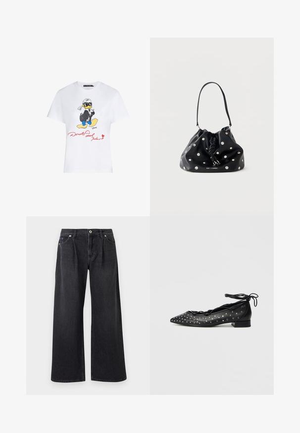 Hvid bomulds t-shirt med en farverig tegneserieillustration af en and i jakkesæt med solbriller, og rød tekst der står "Donald og Karl."; Bredde ben sorte jeans lavet af denim, med knaplukning foran, to frontlommer og en ren finish uden pynt.; Sorte balletflade sko i læder med spids tå, snøredesign og sølvnitte-accenter langs siderne. Lav blokhæl.; Sort læderhåndtaske med rynket top, sølvnitter, knyttet snøre og enkelt skulderrem på hvid baggrund.