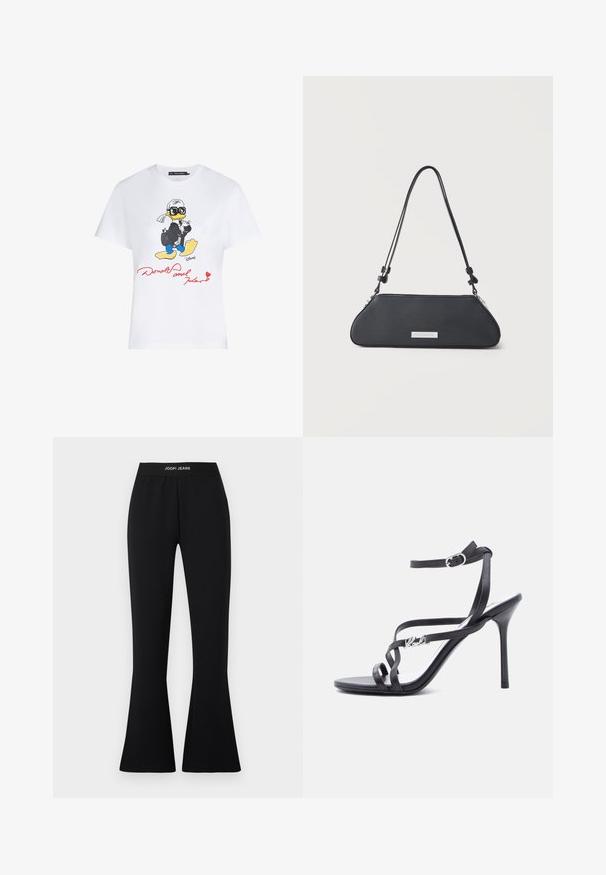 Hvid bomulds t-shirt med en farverig tegneserieillustration af en and i jakkesæt med solbriller, og rød tekst der står "Donald og Karl."; Sorte vide bukser lavet af strækstof med elastisk taljebånd med "JOOP! JEANS"-logo. Glat tekstur med en tætsiddende silhuet.; Sort højhælet sandal med tynde stropper, ankelspænde og en metal-logo detalje på siden af stroppen, sat mod en hvid baggrund.; Sort læder skuldertaske med forlænget trapezform, justerbar rem og sølvfarvet rektangulært brandemærke foran.