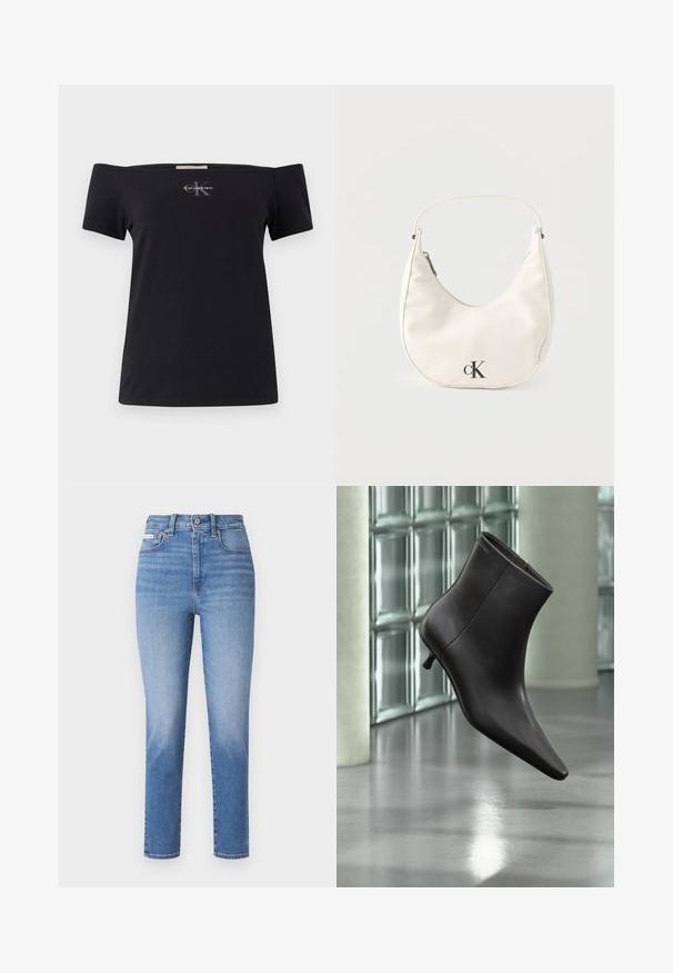 T-shirt noir à épaules dénudées en coton avec des manches courtes. Présente un petit logo Calvin Klein gris sur le devant.; Jeans en denim bleu clair avec une taille haute, des jambes droites et des décolorations subtiles. Comprend des passants de ceinture, cinq poches et une fermeture à bouton métallique.; Bottine en cuir noir avec bout pointu et petit talon, présentée devant un mur en blocs de verre et un sol poli.; Petit sac à main blanc en forme de croissant avec une courte bandoulière, fermeture éclair et logo "cK" noir sur le devant.