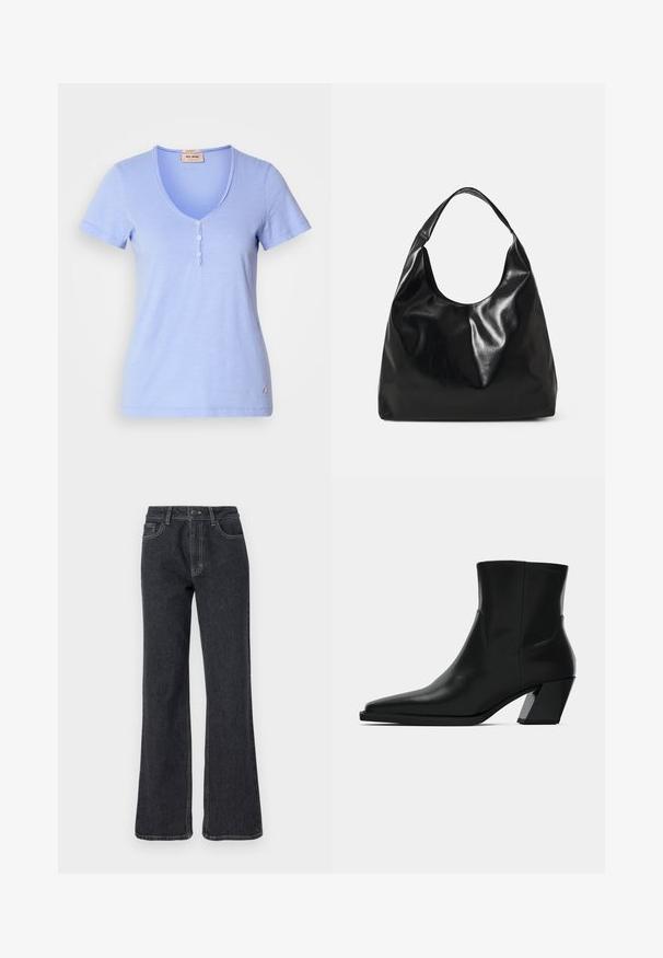 T-shirt bleu clair à manches courtes, avec un col en V et une patte de boutonnage à cinq boutons, présentant une texture de tissu subtile. Petite accentuation du logo sur l'ourlet.; Jean en denim foncé à taille haute avec une coupe évasée, présentant des coutures dorées, cinq poches et une fermeture à bouton. Texture lisse, design de jambe droite.; Bottine en cuir noir avec un bout pointu, une silhouette élégante et un talon carré massif. Texture lisse avec des détails de couture minimalistes.; Sac hobo en cuir noir avec une texture douce et brillante et un haut ouvert arrondi. Dispose d'une large sangle courbée pour le transport. Pas de matériel visible.