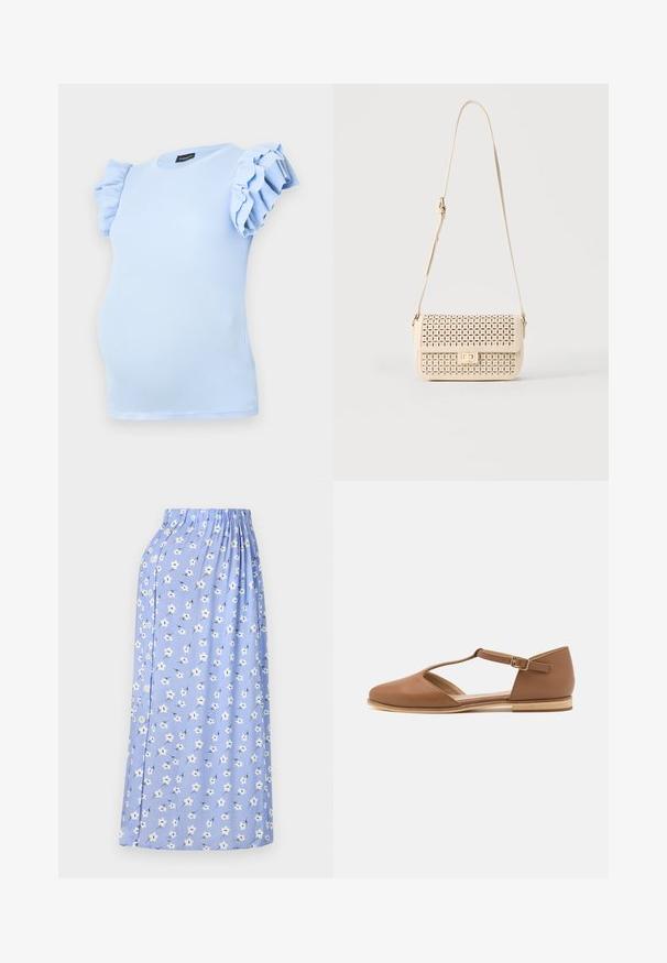 Top de maternité bleu clair en tissu côtelé, avec des manches courtes à volants et un col rond. Conçu pour un ajustement confortable.; Jupe midi bleue avec motif floral blanc, taille élastique, fermeture à boutons sur le côté et tissu doux pour une sensation légère.; Chaussure plate en cuir brun avec un design à découpes, une bride de cheville et une semelle en bois clair. Présente un bout arrondi et une texture lisse.; Sac à bandoulière beige avec motif floral perforé, fermeture à rabat, forme rectangulaire et sangle ajustable.
