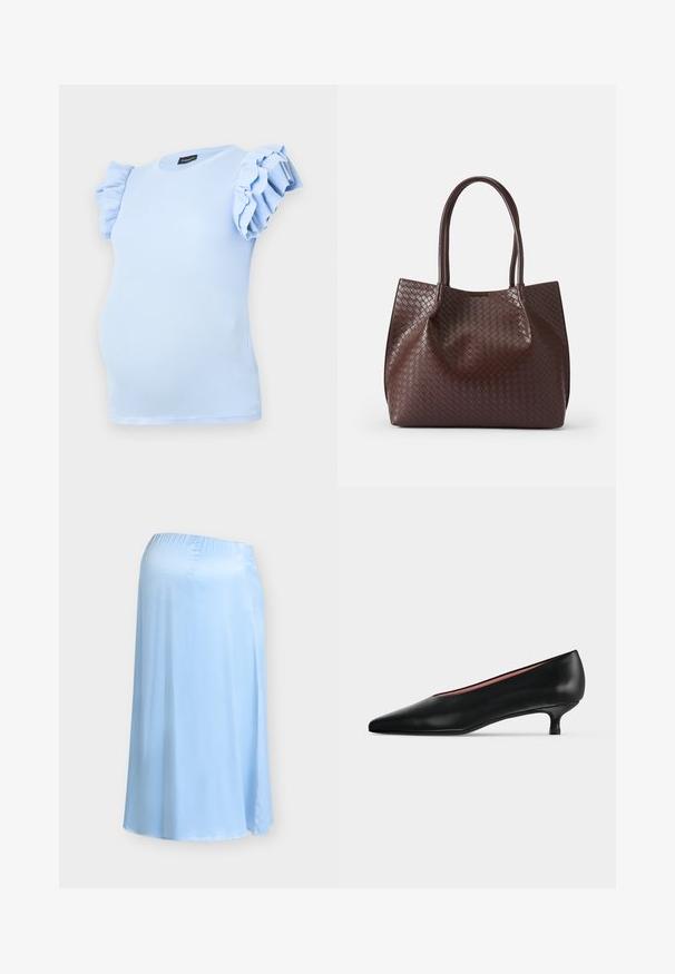 Top de maternité bleu clair en tissu côtelé, avec des manches courtes à volants et un col rond. Conçu pour un ajustement confortable.; Jupe de maternité bleu clair, fluide, avec une ceinture élastique, conçue pour le confort et l'élasticité pendant la grossesse.; Escarpin en cuir noir avec un bout pointu et un petit talon bas, présenté en profil latéral sur un fond clair uni.; Sac fourre-tout en cuir tressé marron avec deux poignées, présentant une surface texturée et un design à ouverture supérieure. Forme minimaliste sans quincaillerie supplémentaire.