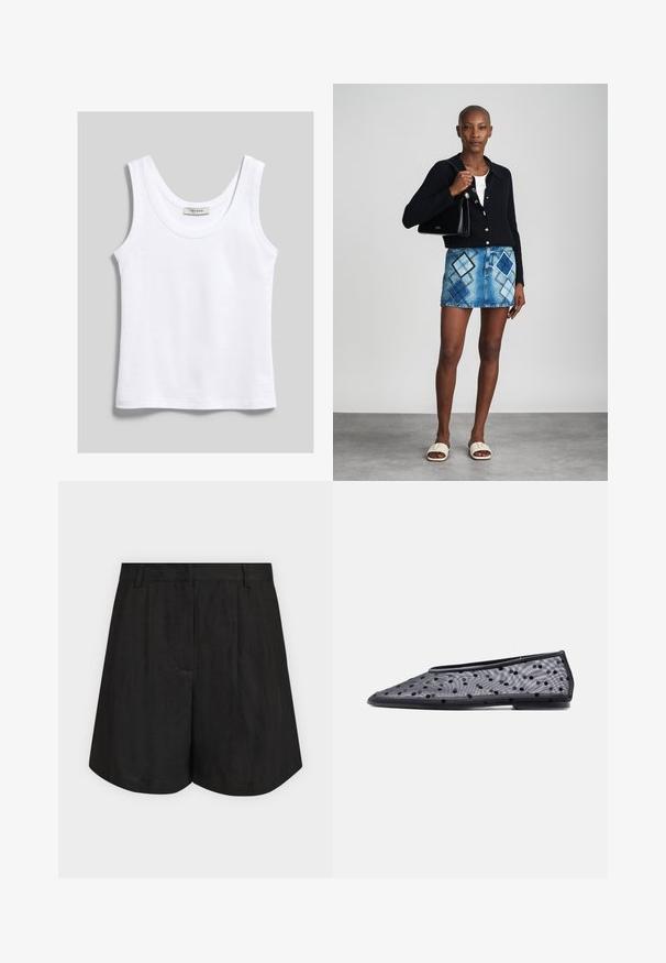 Débardeur blanc en coton sans manches avec encolure dégagée, présenté à plat sur fond gris clair.; Shorts noirs taille haute ajustés avec passants de ceinture, plis frontaux et ourlet légèrement évasé sur un fond clair uni.; Chaussure plate noire à bout pointu, en tissu transparent avec un motif à pois noirs sur un fond clair.; Un cardigan en maille noir, un haut blanc, une jupe en denim avec un motif de diamants bleus et noirs, un sac à main noir et des sandales à enfiler beiges.