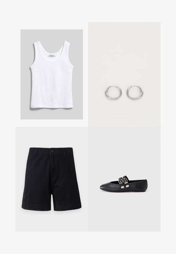 Débardeur blanc en coton sans manches avec encolure dégagée, présenté à plat sur fond gris clair.; Shorts en coton bleu marine foncé avec une fermeture à bouton, des poches latérales et une coupe droite, présentant une texture lisse et un design épuré.; Chaussure plate en cuir noir avec bout pointu et deux brides avec boucles argentées sur le dessus, photographiée sur un fond clair uni.; Boucles d'oreilles en argent en forme de rond, avec une finition lisse et polie. Éléments circulaires avec un petit fermoir pour la fermeture. Design minimaliste, léger.