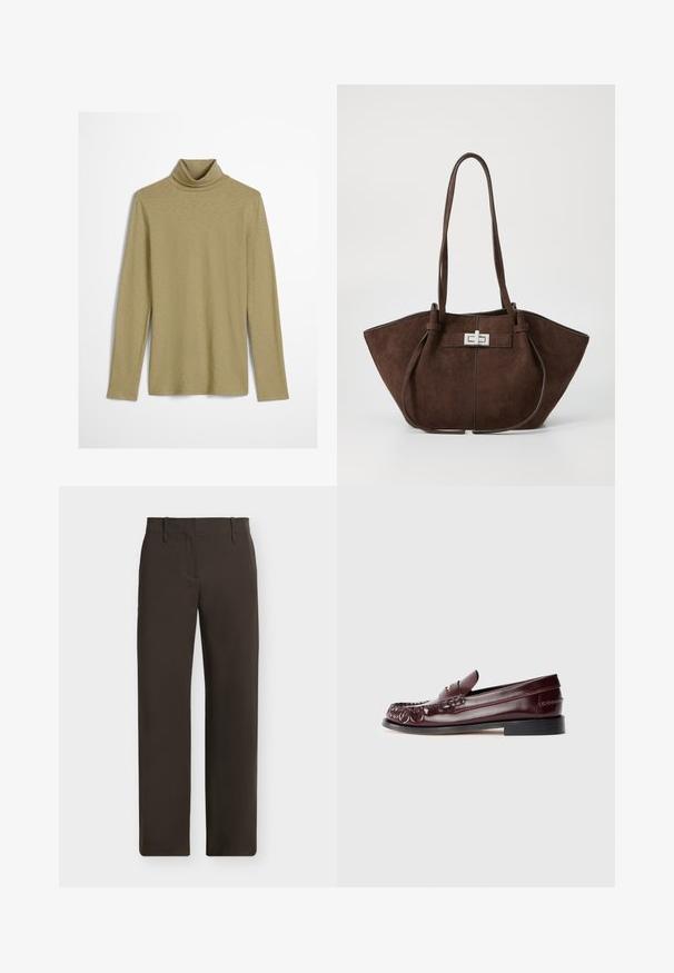 Langarm turtleneck-top in licht olijfgroen, met een slim fit en een gladde, licht gestructureerde stof zonder versieringen.; Donkerbruine rechte broek met ceintuurlussen en voorzakken, plat weergegeven tegen een lichte achtergrond.; Bordeaux leren penny loafer met zwarte zool en goudkleurig metalen detail op de vamp, weergegeven in zijaanzicht op een witte achtergrond.; Bruine suède tote bag met een gestructureerde vorm, voorzien van een zilveren metalen sluiting en twee schouderbanden. Glad van textuur met accentstiksels.