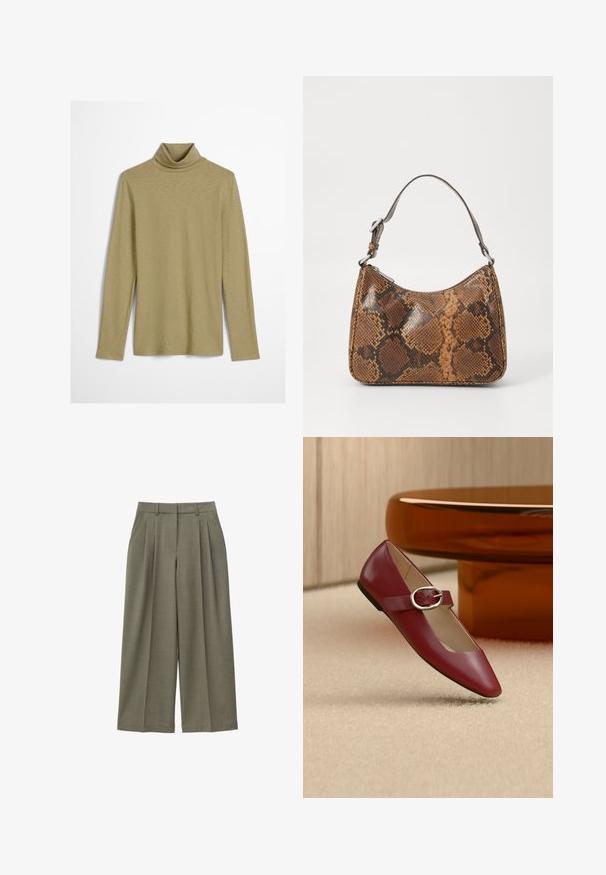 Langarm turtleneck-top in licht olijfgroen, met een slim fit en een gladde, licht gestructureerde stof zonder versieringen.; Olijfgroen wijde broek gemaakt van gestructureerde stof, met plooien, een gladde tailleband en strakke lijnen voor een stijlvolle uitstraling.; Rode leren Mary Jane platte schoen met een zilveren gesp, weergegeven op een beige tapijt naast een bruine ronde tafel.; Kleine handtas met een bruin en zwart slangenprintpatroon, korte verstelbare schouderriem en ritssluiting.