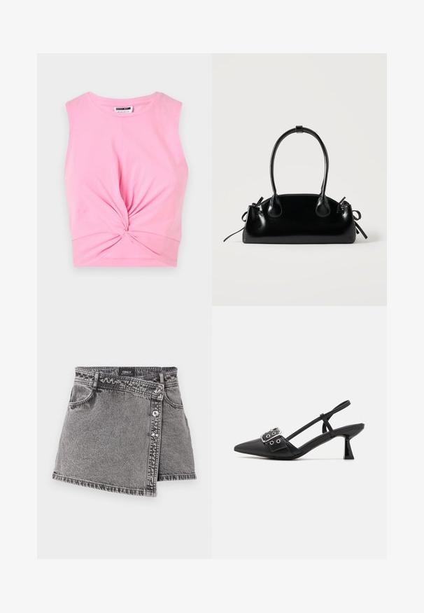 Roze mouwloze crop top met een geknoopte detail aan de voorkant, gemaakt van zachte katoenen stof met een gladde textuur.; Grijze denim mini-jurk met een asymmetrische snit, voorzien van zilveren knoopaccenten en een detail met een voorzak. Gladde textuur en een casual ontwerp.; Simmi London DALA - Klassieke pumps - black; Kleine zwarte glanzende handtas met twee lange hengsels en zijkant trekkoord details op een effen lichte achtergrond.