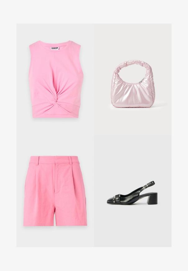 Roze mouwloze crop top met een geknoopte detail aan de voorkant, gemaakt van zachte katoenen stof met een gladde textuur.; Roze katoenen shorts met een gladde textuur, voorzien van plooien, een tailleband en zijzakken voor extra functionaliteit.; Zwart leren slingback hak met een spitse neus, eenTextuur strap met cirkelvormige metalen accenten en een gestapelde blokhak.; Roze, gevoerde handtas met een afgeronde vorm, gemaakt van glanzend materiaal. Beschikt over een geplooide handgreep en een ritssluiting voor veilige toegang.