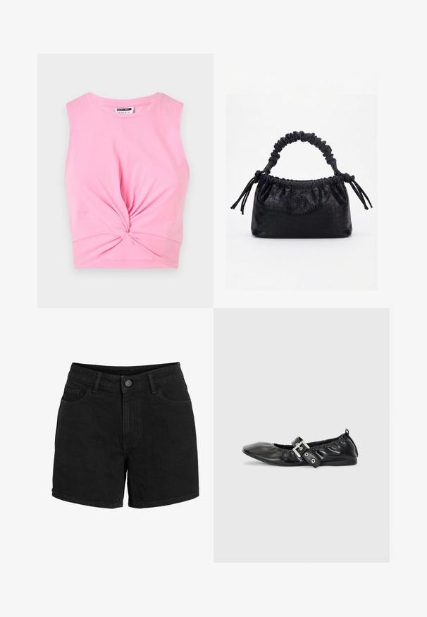 Top corto sin mangas de color rosa con un detalle anudado en la parte frontal, hecho de una suave tela de algodón con una textura lisa.; Pantalones cortos de mezclilla negros con cierre de botón y cremallera, trabillas para cinturón, bolsillos delanteros y traseros, mostrados sobre un fondo blanco.; Zapato plano de piel negra con puntera afilada, detalle fruncido alrededor de la abertura y un acento de hebilla plateada en la correa ajustable.; Bolso negro con textura de cocodrilo, borde superior fruncido, asa recogida y cordones con borlas en cada lado sobre un fondo blanco.