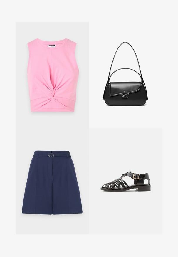 Top corto sin mangas de color rosa con un detalle anudado en la parte frontal, hecho de una suave tela de algodón con una textura lisa.; Shorts ajustados de color azul marino con cinturón, que cuentan con un lazo para el cinturón, detalles de pliegues y una textura de tela suave. Corte recto estándar.; Sandalia tejida de cuero negro con tacón bajo de bloque y correa ajustable con hebilla dorada sobre fondo blanco.; Bolso de hombro de cuero negro con una solapa curva asegurada por un broche metálico redondo y una correa delgada y ajustable.