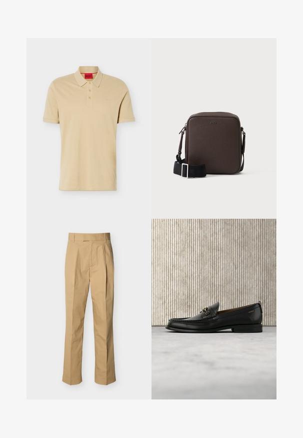 Polo beige à manches courtes avec trois boutons et petit logo embossé sur la poitrine, présenté à plat sur fond blanc.; Pantalon beige en coton lisse à taille haute, avec des plis à l'avant et des jambes droites. Aucun équipement visible ni motifs.; Mocassin en cuir noir avec mors en métal doré et logo "HUGO", présenté sur un tapis beige et un meuble translucide marron.; Petit sac bandoulière en cuir marron avec une bandoulière noire réglable et des boucles argentées, embossé avec le logo BOSS au centre devant.