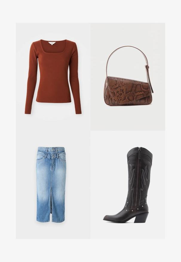 Roestkleurig geribbeld langwerpig topje met een vierkante halslijn, aansluitende pasvorm en een klein merkembleem bij de kraag.; Lichtblauwe denim rok met een voorsplit, sluiting met twee knopen, een hoge taille en een standaard vijf-pocketontwerp. Soepele textuur, halflang.; Bruine leren cowboylaarzen met vlamstiksels, zijrits, zilveren studs, spits toelopende neus en gestapelde hak.; Bruine leren schoudertas met slangenhuidpatroon, voorzien van een klepsluiting en een enkele verstelbare riem, tegen een effen achtergrond.