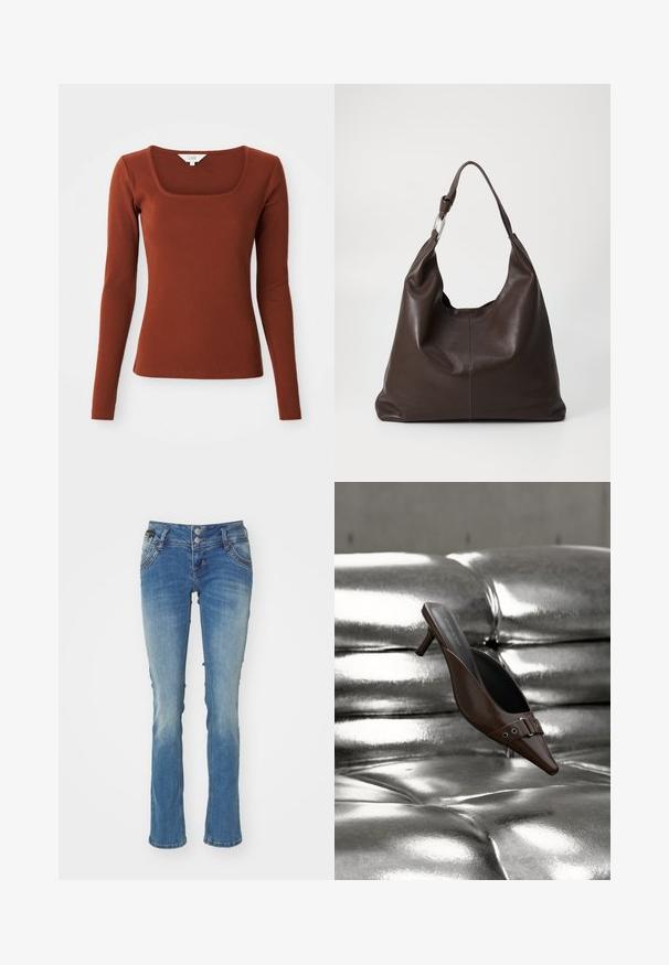 Rustrød ribbet langærmet bluse med firkantet udskæring, tætsiddende silhuet og et lille mærke ved kraven.; Lys blå denim jeans med en let falmning, flared nederste del, to-knaps lukning, klassisk fem-lomme design og diskrete syninger.; Brun spids tå hæl mule med spænde detalje svævende over en skinnende sølv tuftet læderoverflade.; Zign by Zalando LEATHER - Shopping bags - chocolate brown