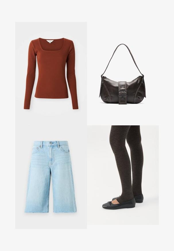 Rustrød ribbet langærmet bluse med firkantet udskæring, tætsiddende silhuet og et lille mærke ved kraven.; Lyseblå denimshorts med en løs pasform, flosset kant, fem lommer og metalhardware. Klassisk jeansdesign med subtil falming.; Ben iført mørke ribbede leggings kombineret med sorte balletsko med små sløjfedetaljer på hvid baggrund.; Brun læder skuldertaske med en buet form, der har et fremtrædende spænde, kontrasterende syninger og en enkelt skulderrem.