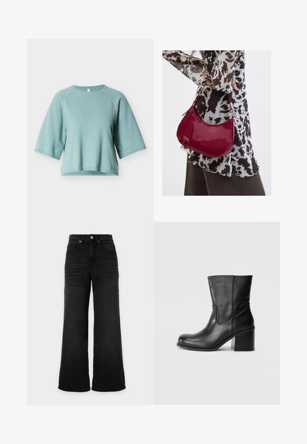 Pull-over vert clair à manches courtes en tissu doux. Il présente un col rond et des bords côtelés pour une coupe décontractée.; Jean noir taille haute à jambes larges avec poches avant et fermeture à bouton sur fond uni clair.; Bottine en cuir noir à bout rond, détails de coutures latérales et talon bloc épais. Texture lisse et design minimaliste.; Femme portant un chemisier à motif noir et blanc tenant un sac à main rouge brillant sur un fond uni.
