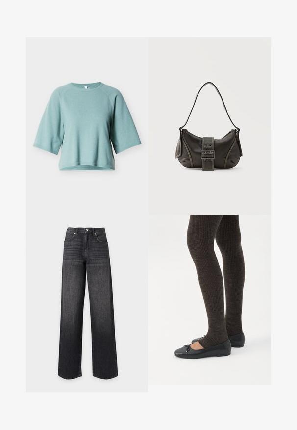 Pull-over vert clair à manches courtes en tissu doux. Il présente un col rond et des bords côtelés pour une coupe décontractée.; Jean en denim noir taille haute à jambes droites avec poches avant, passants de ceinture, bouton et fermeture éclair sur fond blanc.; Jambes portant des leggings côtelés foncés associés à des ballerines noires avec de petits détails en nœud sur fond blanc.; Sac à épaule en cuir noir avec une sangle à boucle, des bords arrondis et des coutures blanches contrastées sur un fond uni.