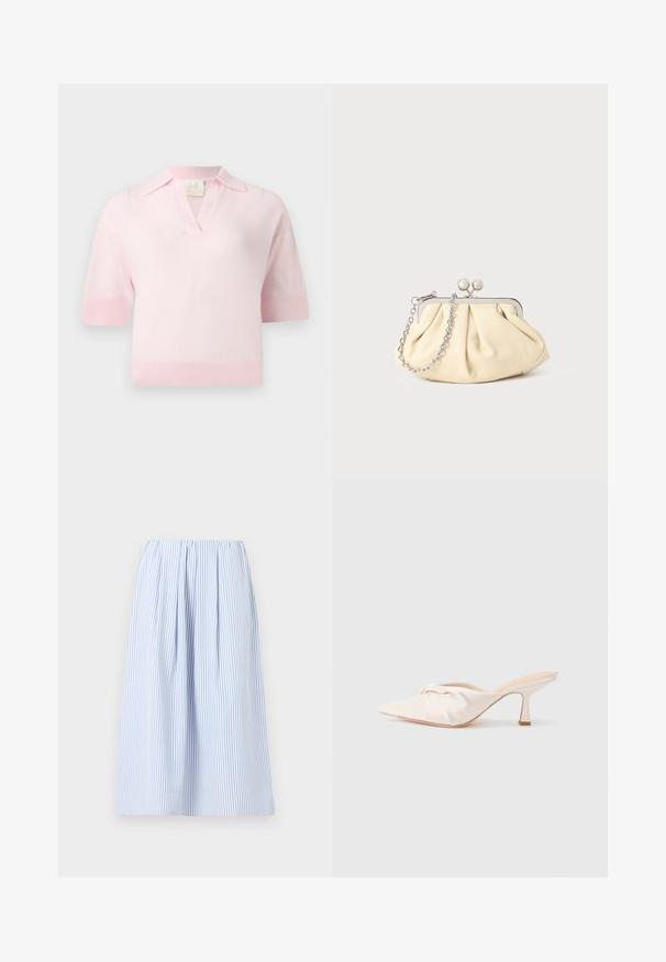 Polo en tricot rose clair à manches courtes avec un col côtelé, des poignets et un ourlet, doté d'une petite ouverture en V.; Jupe midi à rayures verticales bleu clair et blanc avec taille froncée et plis doux, présentée sur un fond uni.; Chaussure mule en tissu beige clair avec un design noué à l'avant, bout pointu et talon fin et effilé. Texture lisse dans l'ensemble.; Pochette en cuir beige plissé avec un cadre en métal argenté, dotée de deux fermoirs ronds décoratifs et d'une chaîne en argent.