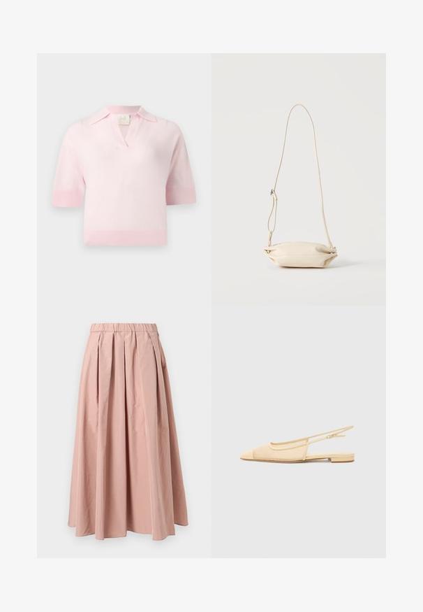 Polo en tricot rose clair à manches courtes avec un col côtelé, des poignets et un ourlet, doté d'une petite ouverture en V.; Jupe plissée rose clair avec une taille élastique, présentant une texture de tissu douce et un design fluide s'étendant jusqu'à mi-mollet.; Chaussure plate slingback en beige clair avec une tige en maille, un bout pointu et un petit talon. Dotée d'une sangle ajustable pour un bon maintien.; Petit sac bandoulière en cuir beige avec sangle ajustable, présenté sur un fond clair uni.