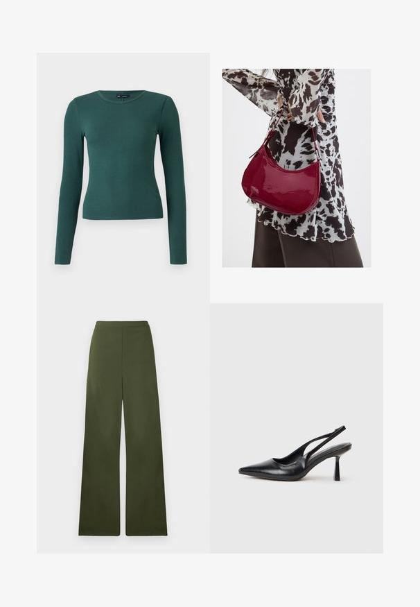 Top de manga larga con canalé en verde oscuro. Presenta un escote redondo y un diseño ajustado, fabricado en material suave y elástico.; Pantalones de pierna ancha en verde oliva con una textura suave y cintura ajustada. Sin bolsillos visibles ni detalles, elaborados con un material ligero.; Zapato de tacón alto negro de cuero con puntera afilada y tacón delgado sobre un fondo blanco.; Mujer con blusa de estampado en blanco y negro sosteniendo un bolso de hombro rojo brillante sobre un fondo liso.