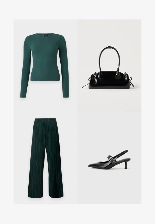 Top de manga larga con canalé en verde oscuro. Presenta un escote redondo y un diseño ajustado, fabricado en material suave y elástico.; Pantalones de pierna ancha con pliegues en verde oscuro. Fabricados con un tejido suave y un diseño texturizado, con una cinturilla elástica para mayor comodidad.; Zapatos de tacón en charol negro con tira al tobillo, punta afilada y un pequeño tacón bloque, que cuentan con un acento de hebilla plateada en la correa.; Pequeño bolso negro brillante con dos asas largas y detalles de cordón lateral sobre un fondo claro liso.