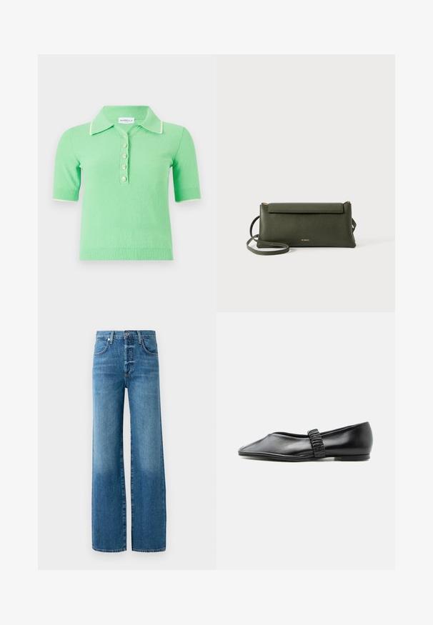 Pull polo à manches courtes, de couleur vert clair, en tissu texturé, avec un col blanc et cinq boutons décoratifs.; Jean ample en denim bleu clair. Doté d'un bouton à l'ouverture, de passants de ceinture et de coutures contrastées. Le tissu présente un effet délavé.; Chaussure plate en cuir noir avec une bride froncée sur le dessus et un bout légèrement pointu, présentée sur un fond uni.; Sac en cuir texturé vert foncé, porté en travers du corps, avec fermeture à rabat et fine sangle réglable, embossé d'un petit logo doré "Bee Projects".