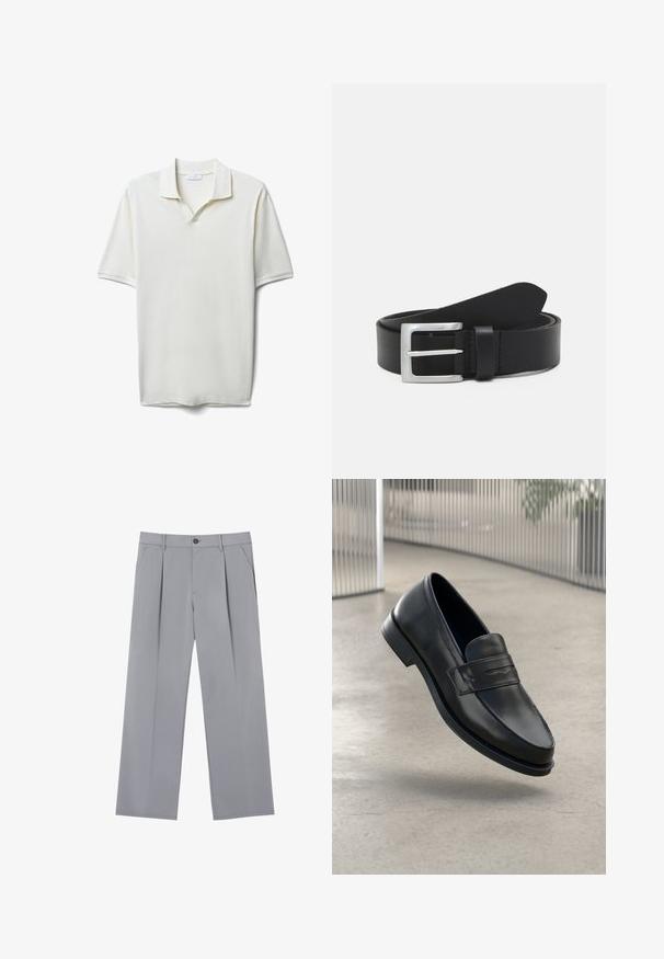 Kurzärmliges Polohemd mit V-Ausschnitt in Off-White aus strukturiertem Stoff. Verfügt über einen klassischen Kragen und einen lockeren Schnitt.; Grau gefaltete Hose mit entspannter Passform, aus leichtem Stoff gefertigt. Verfügt über Vordertaschen und einen Knopfverschluss an der Taille.; Schwarzer Lederloafer mit glatter Textur, spitzer Zehe und einem dekorativen Riemen über dem Rist. Leichte Sohle, minimalistisches Design.; Schwarzer Leder Gürtel mit glatter Textur, silberner rechteckiger Schnalle und einer Schlaufe für das Ende. Verfügt über eine saubere Naht entlang der Kanten.