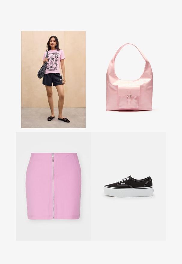 Kvinde står mod en lys trævæg iført en lyserød kattemotiveret t-shirt, sorte sportsshorts, sorte slip-on sandaler og bærer en sort taske med prikker.; Lyserød denim miniskørt med rækkeslidslukning foran, tætsiddende design og en ren afslutning ved kanten. Simpel, ensfarvet uden mønstre.; Sort lærred sneakers med en hvid gummi platform sål, der har hvide snørebånd og syninger, ikonisk branding på siden, lav-top design.; Lyserød håndtaske med en blank finish, stor skulderrem, forlommer med dekorativ spænde detalje. Glat tekstur, minimalistisk design.