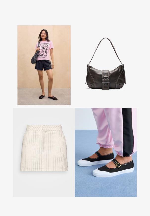 Kvinde står mod en lys trævæg iført en lyserød kattemotiveret t-shirt, sorte sportsshorts, sorte slip-on sandaler og bærer en sort taske med prikker.; Cremefarvet nederdel med tynde røde lodrette striber, med en tætsiddende pasform og lige kant. Fremstillet af et letvægtsstof.; Sorte lærredssko med en hvid sål, der har et udskæringsdesign og et guldspænde. Bæret med lyserøde træningsbukser.; Brun læder skuldertaske med en buet form, der har et fremtrædende spænde, kontrasterende syninger og en enkelt skulderrem.