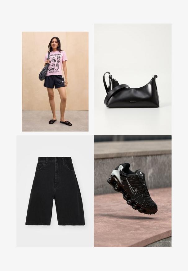 Vrouw die tegen een licht houten muur staat, gekleed in een roze T-shirt met kattenmotief, zwarte sportshorts, zwarte instapsandalen en een zwarte tas met stippen.; Zwarte denim shorts met een hoge taille en een wijdbenige pasvorm, voorzien van vijf zakken en een knoopsluiting. Glad textuur met minimale vervaging.; Zwarte sportschoen met een bovenwerk van getextureerd mesh, zilverkleurige accenten en een dikke, glanzende zwarte zool met afgeronde dempingselementen.; Zwarte leren handtas met een gladde textuur. Beschikt over een verstelbare schouderband en een strak, minimalistisch ontwerp met een ritssluiting.
