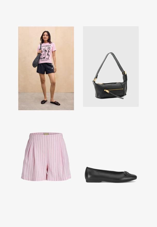 Kvinde står mod en lys trævæg iført en lyserød kattemotiveret t-shirt, sorte sportsshorts, sorte slip-on sandaler og bærer en sort taske med prikker.; Pink shorts med vertikale røde striber, en skræddersyet talje og folder foran.; Sort læderballerina med rundet tå og lille dekorativ sløjfe på toppen, med lav hæl og glat finish.; Sort skuldertaske i læder med to lommer med lynlås, gyldne hardware-detaljer og en bred, justerbar rem. Glat tekstur og rektangulær form.