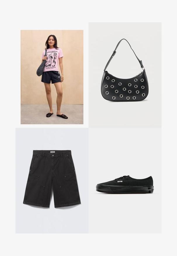 Kvinde står mod en lys trævæg iført en lyserød kattemotiveret t-shirt, sorte sportsshorts, sorte slip-on sandaler og bærer en sort taske med prikker.; Sorte knælange shorts med store frontlommer med lap, lukning med metalknap, bæltestropper og sidelommer, lagt fladt på en lys baggrund.; Sorte lærredssneakers med en tekstureret overdel, gummisål og rund tå. Har sorte snørebånd og et lille logo-tag på siden.; Sort læder skuldertaske med justerbar rem, dekoreret med sølvfarvede metalnitter og lukning med øverste lynlås.