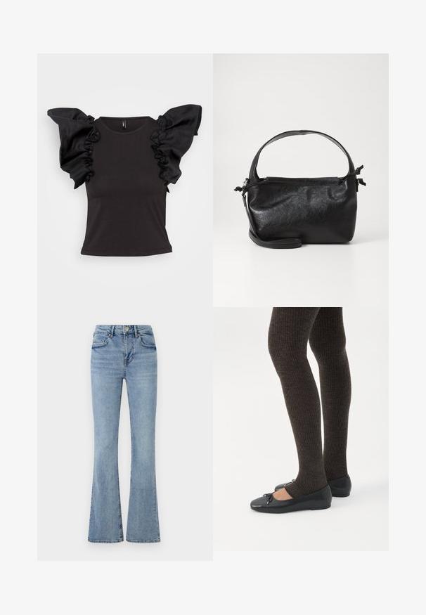 Sort kortærmet top med rynkede satin-skulderdetaljer og rund halsudskæring, lavet af et glat, strækbart materiale.; Lyseblå denimjeans med høj talje, frontknap og lynlås, fem lommer og let udvidede ben.; Ben iført mørke ribbede leggings kombineret med sorte balletsko med små sløjfedetaljer på hvid baggrund.; Sort læderhåndtaske med et struktureret design, rund tophåndtag og aftagelig skulderrem. Den har en glat tekstur og en subtil glans.