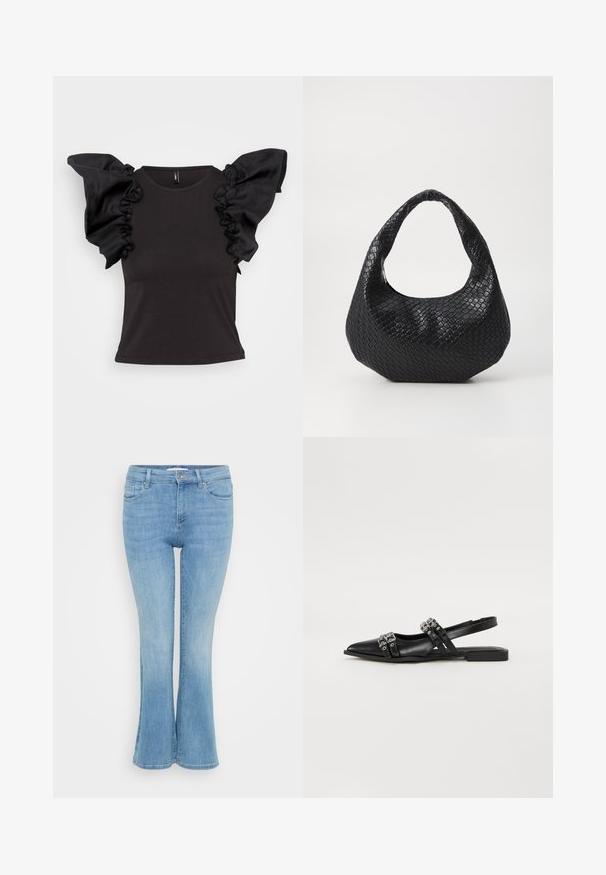 Sort kortærmet top med rynkede satin-skulderdetaljer og rund halsudskæring, lavet af et glat, strækbart materiale.; ONLY Petite ONLANN MID - Flared jeans - light blue denim; Even&Odd by Zalando Slingback-ballerinasko - black; Sort flettet håndtaske med et buet håndtag, der har en struktureret overflade og en afslappet form. Glat finish med en organisk silhuet.