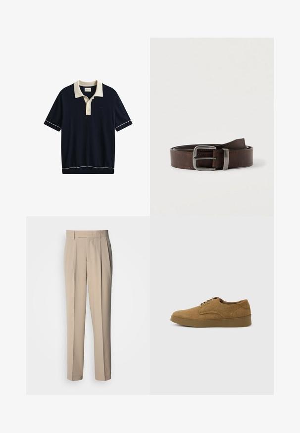 Polo bleu marine à manches courtes avec col blanc, patte de boutonnage et bordure blanche aux manches et à l'ourlet.; Pantalon beige taille haute à plis, coupe droite, avec une texture lisse et sans ornements ni motifs visibles.; Chaussure décontractée à lacets en daim marron avec semelle en caoutchouc plate, vue de côté sur un fond clair uni.; Ceinture en cuir marron foncé avec une boucle rectangulaire en argent, enroulée et placée sur un fond clair et neutre.