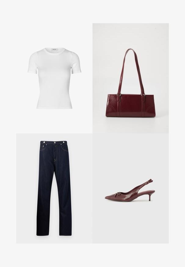 T-shirt blanc à manches courtes en tissu côtelé. Comprend un col rond et une silhouette ajustée. Texture lisse sans motifs.; Jean droit bleu marine avec poches avant, fermeture à bouton et coutures contrastantes visibles sur un fond clair uni.; Talons slingback en cuir bordeaux avec un embout pointu, une sangle ajustable et un détail de nœud décoratif à l'avant. Hauteur du talon de 7,5 cm.; Sac à main bordeaux en matériau brillant, de forme rectangulaire, avec deux anses et des accents légèrement courbés à l'avant.