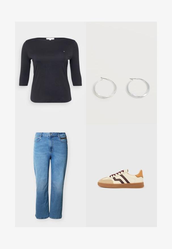 Top noir à manches trois-quarts en tissu coton lisse. Présente un décolleté bateau et un petit logo sur la poitrine.; Jeans en denim bleu clair à jambe droite avec bouton frontal, fermeture éclair, poches avant et arrière, et une petite poche zippée sur le côté droit avant.; Baskets basses avec empeigne crème, bandes latérales marron foncé, bout en daim marron clair, lacets marron et semelle gomme sur fond blanc.; Boucles d’oreilles créoles en métal argenté avec une surface lisse légèrement incurvée et des fermoirs à clapet sur un fond blanc uni.