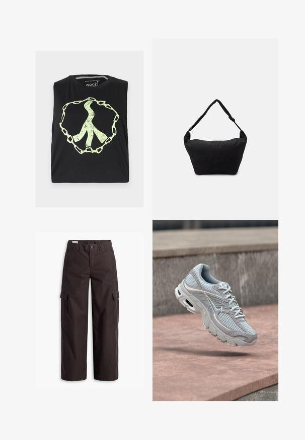 Haut court noir sans manches présentant un grand signe de paix vert abstrait entouré d'un motif de chaîne, confectionné en tissu doux.; Pantalons cargo droits marron foncé avec poches latérales à rabat, fermeture à bouton, passants de ceinture et zip à l'avant.; Chaussure de course Nike gris clair et blanc avec mesh et semelle amortie, montrée en plein air contre un fond de marches en béton.; Sac à épaule en tissu noir avec une surface texturée douce, de forme arrondie et une seule sangle. Design minimaliste sans accessoires ni quincaillerie visibles.