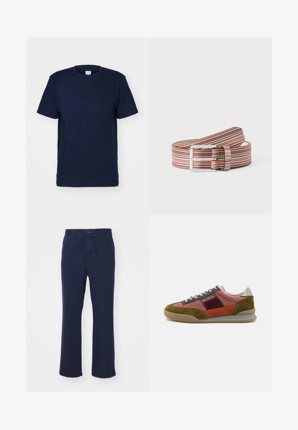T-shirt bleu marine à manches courtes avec un col rond, fabriqué en tissu doux, présentant une texture lisse et un design simple sans motifs.; Pantalon en coton bleu marine avec une coupe droite, doté d'une fermeture à bouton à l'avant et de poches latérales. Texture lisse avec un minimum de détails.; PS Paul Smith DOVER - Baskets basses - pink; Ceinture en cuir enroulée avec un motif rayé horizontal coloré et une boucle rectangulaire argentée sur un fond uni.