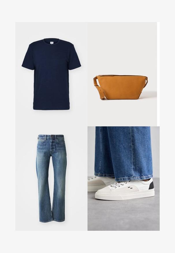 T-shirt bleu marine à manches courtes avec un col rond, fabriqué en tissu doux, présentant une texture lisse et un design simple sans motifs.; Jeans en denim de couleur bleu clair à moyen, coupe droite, design classique à cinq poches et décoloration subtile à l'avant.; Baskets blanches et noires avec une tige en cuir lisse, des accents texturés et une semelle épaisse blanche. Présentent un design classique à lacets.; Sac bandoulière en cuir marron clair avec sangle réglable et fermeture éclair, présenté sur un fond clair uni.