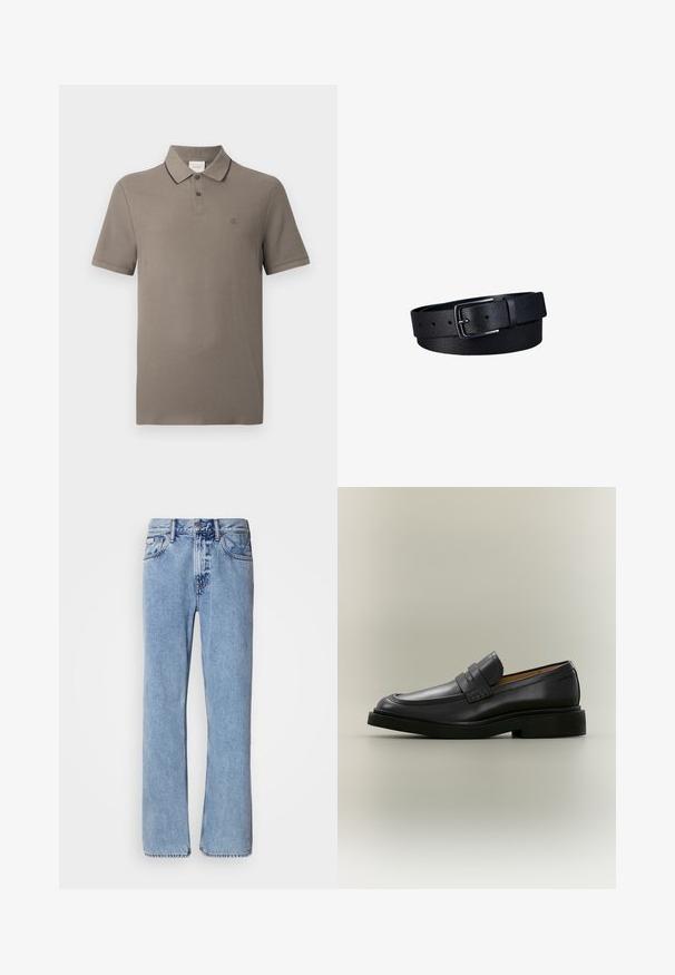 Taupe Kurzarm-Poloshirt mit schwarzem Kragen, zwei-knöpfiger Knopfleiste und kleinem gesticktem "cK"-Logo auf der linken Brust.; Hellblaue Jeans aus Denim mit geradem Bein, fünf Taschen und Knopfverschluss. Nähte in der Nähe der Taschen und des Bundes.; Schwarzer Leder-Herrenloafer mit niedrigem Absatz und Riemendetail über dem Vorderblatt, im Profil auf neutralem Hintergrund gezeigt.; Schwarzer Ledergürtel mit strukturierter Oberfläche und einem rechteckigen schwarzen Metallschnallen, aufgerollt vor weißem Hintergrund.