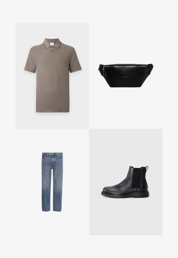 Taupe Kurzarm-Poloshirt mit schwarzem Kragen, zwei-knöpfiger Knopfleiste und kleinem gesticktem "cK"-Logo auf der linken Brust.; Gerade geschnittene blaue Denim-Jeans mit Vordertaschen, Gürtelschlaufen und Knopfverschluss.; Schwarze Leder-Chelsea-Boots mit strukturiertem Finish, elastischen seitlichen Einsätzen und einer robusten Gummisohle. Dezentes Branding an der Ferse.; Schwarze Leder-Calvin Klein Gürteltasche mit silbernem Reißverschluss und verstellbarem Riemen, minimalistisches Logo vorne mittig.