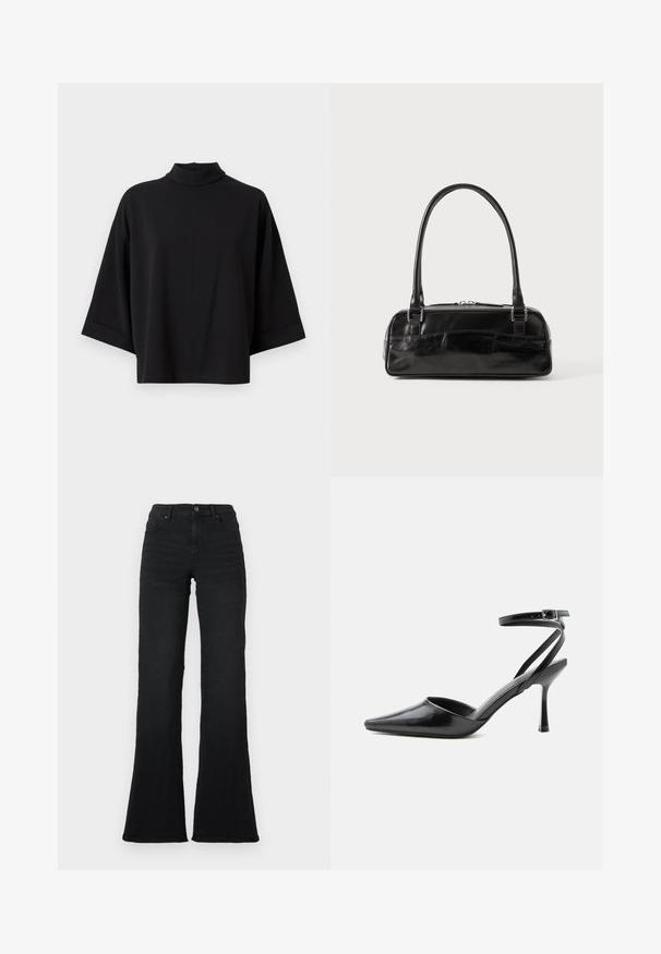 JDY JDYGEGGO - Bluse - black; Sorte højtaljede flared jeans med frontlommer, bæltestropper og knaplukning på en hvid baggrund.; Sort spids højhælet sko med tynde ankelremme og sølvspænde på en ensfarvet lys baggrund.; Sort læderhåndtaske med rektangulær form, der har et enkelt struktureret håndtag, sølvhardware og lynlås-lukning. Glat tekstur.