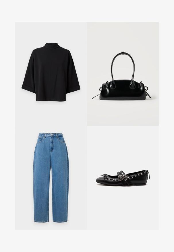JDY JDYGEGGO - Bluse - black; Lyseblå denimbukser med lige ben, høj talje og lukning med frontknap. Har fem lommer og minimale syninger.; Sort flad balletsko med dobbelt spænde, sølvøjer og en lille sløjfe nær den runde tå på en hvid baggrund.; Lille sort blank håndtaske med to lange håndtag og snøre-detaljer i siden på en ensfarvet lys baggrund.
