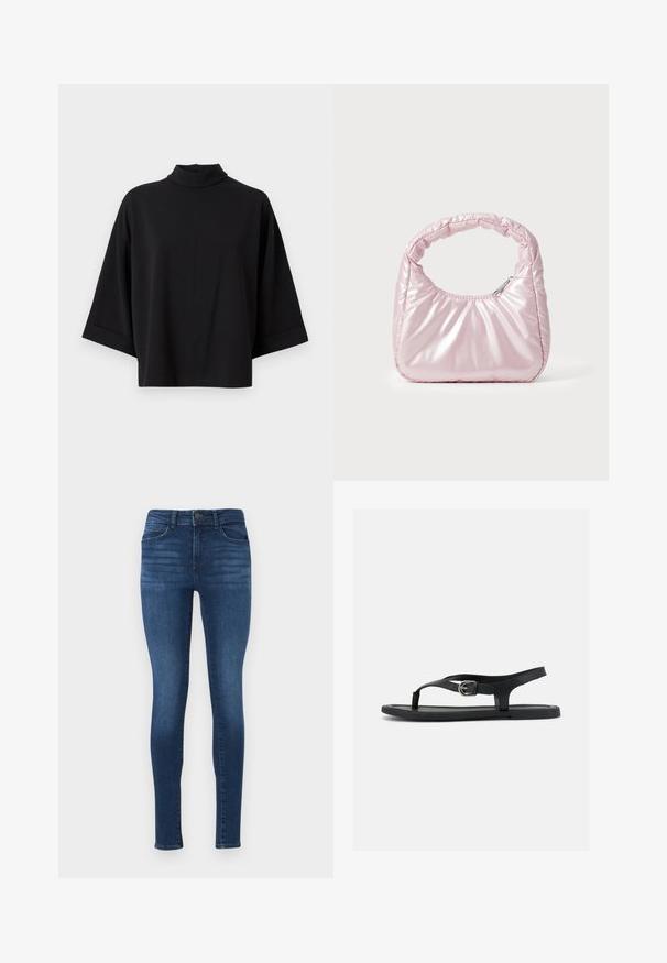 JDY JDYGEGGO - Bluse - black; Mørkeblå skinny jeans lavet af denim, med høj talje, forlommer og en glat, let slidstærk tekstur.; Sort flad sandal med ankelrem, tæsepind og sølvspænde på glat sål, vist fra siden på hvid baggrund.; Rosa, polstret håndtaske med afrundet design, lavet af skinnende materiale. Har et samlet håndtag og en lynlås til sikker adgang.